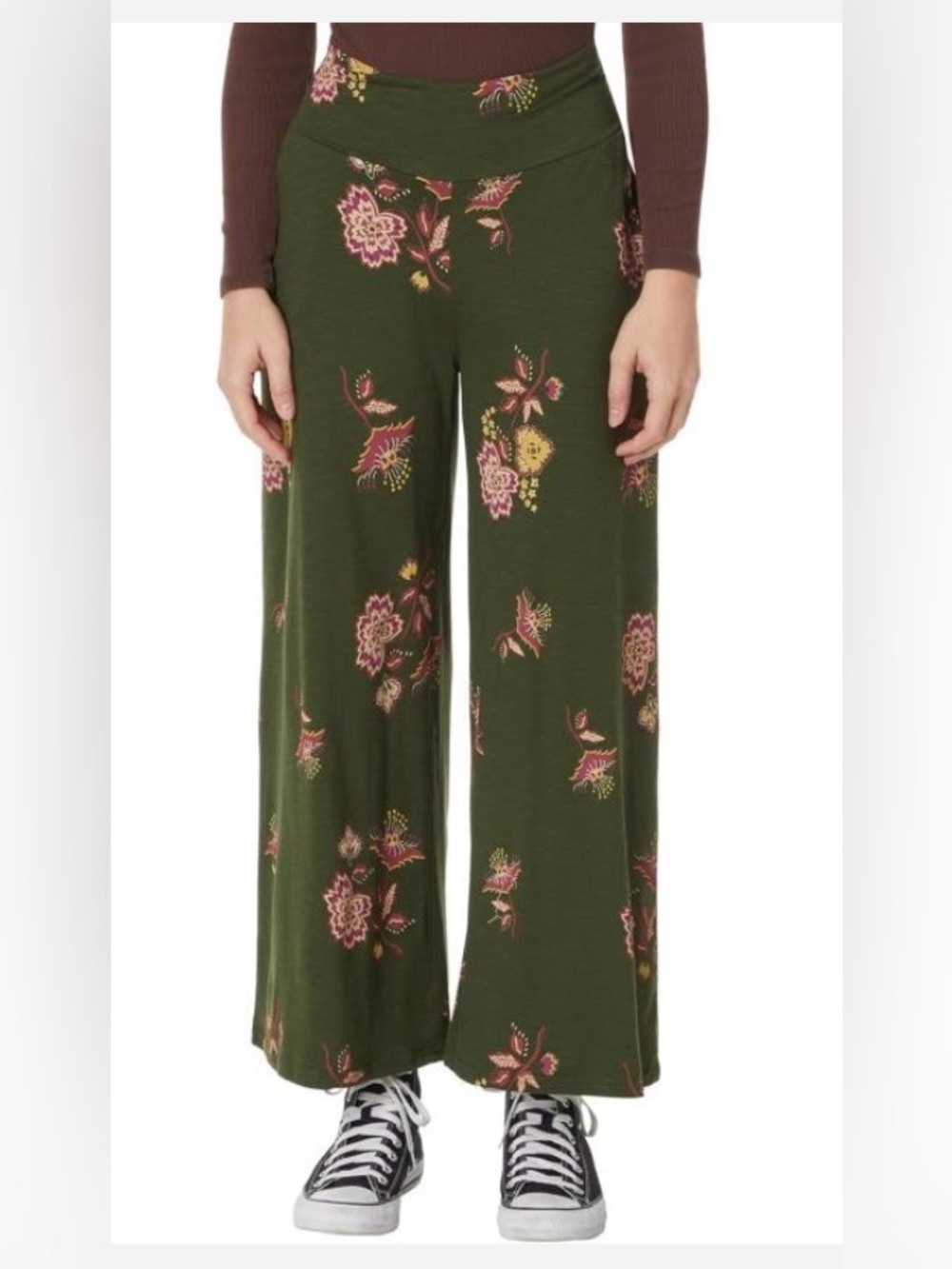 Toad & Co Chaka Wide-Leg Crop Floral Print Pants in Olive Green Barley S